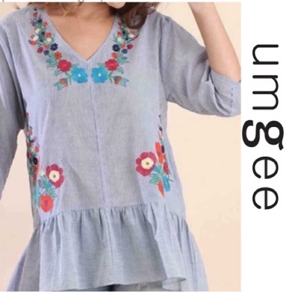 UMGEE Boho Striped Top 3/4 Sleeves Embroidered Floral Design 100% Cotton Size M